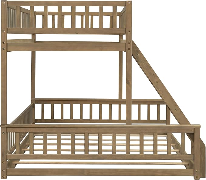 Wood Bunk Bed Twin XL Over Queen Size with Safety Guardrails, Detachable Design Floor Bunk Bed Frame for Kids Teens Boys Girls, Sturdy Slat Support (Walnut-9.30)