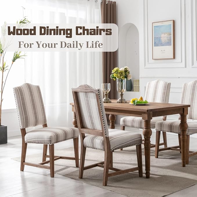 ROCITY Linen Dining Chairs Set of 4 Upholstered Farmhouse Dining Room Chairs Kitchen Side Chairs with Wooden Legs&Nailhead Trim, Beige with Brown Stripe