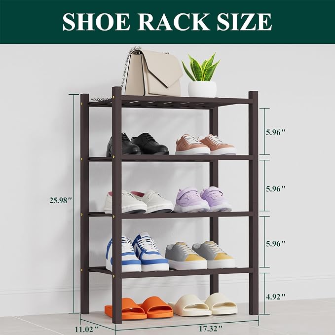 Smiry Small Bamboo Shoe Rack, 4 Tier Free Standing Wooden Shoe Organizer, Stackable Wood Shoe Storage Shelf for Closet, Entryway, 14 Vertical Slats, 2+2 Stack Heavy-Duty Legs, 17.3"x11"x26", Brown