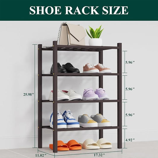 Smiry Small Bamboo Shoe Rack, 4 Tier Free Standing Wooden Shoe Organizer, Stackable Wood Shoe Storage Shelf for Closet, Entryway, 14 Vertical Slats, 2+2 Stack Heavy-Duty Legs, 17.3"x11"x26", Brown