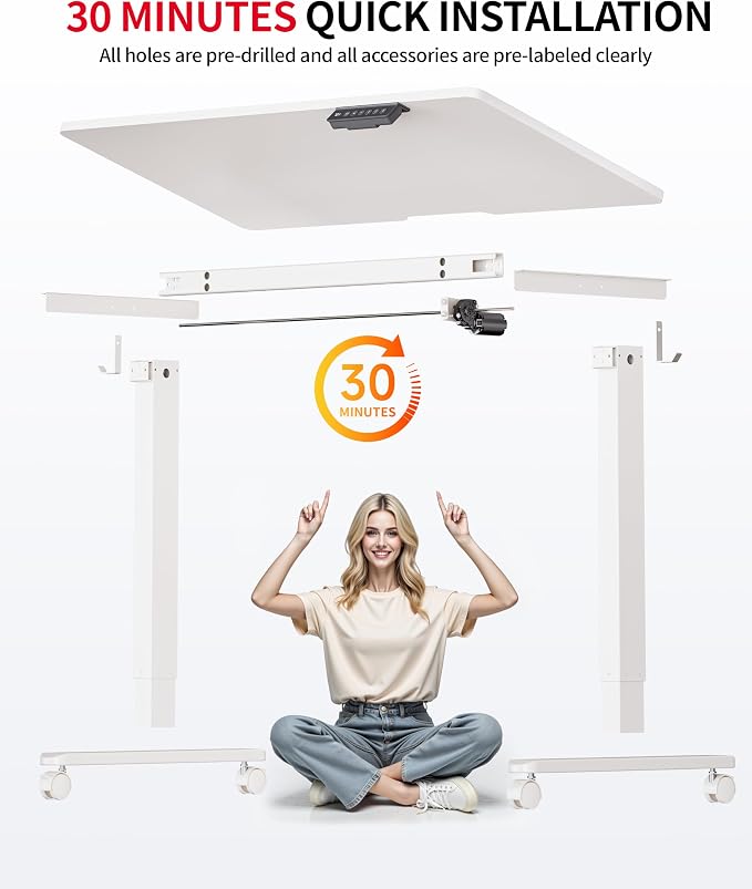 Okin Standing Desk Electric Adjustable Computer Whole Piece Stand up Desk with Wheels Office Gaming Home Office Memory Desks 48x24 inches White
