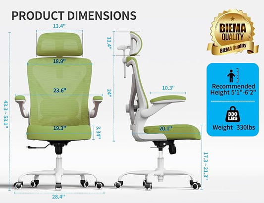 Ergonomic Office Chair - Mesh Desk Chair with Adjustable Lumbar Support High Back Computer Gaming Chairs - Big and Tall Office Chairs Adults, Comfortable for Long Hours, Green