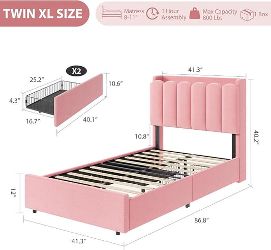 Garvee LED Twin XL Bed Frame with Storage Headboard, Kids Bed Frame with 2 Drawers, Boucle Upholstered Platform Bed for Girls, Chic Wavy Headboard with Bookcase, No Box Spring Needed, Pink