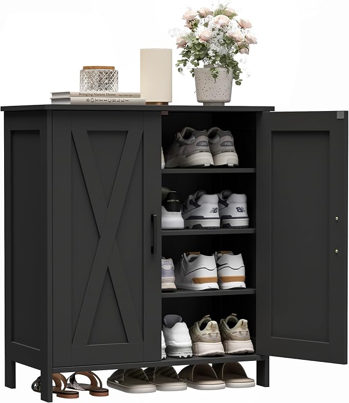 Homleke Farmhouse Shoe Cabinet with 2 Barn Doors & Wood Legs, 5-Tier Shoe Storage Cabinet with 3 Adjustable Shelves, Tall Shoe Rack Organizer for Closet, Shoe Organizer for Entryway, Hallway, Black
