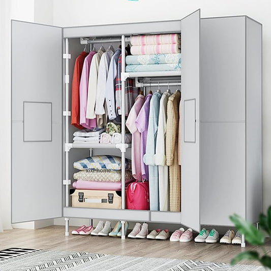 Portable Wardrobe Closet Clothes Organizer 49in Simple Non-Woven Fabric Wardrobe Multi-Functional Household Clothes Storage Cabinet with Cover and Hanging Rod-Gray White