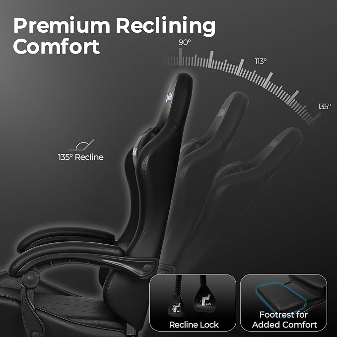 N-GEN GAMING Video Gaming Chair with Footrest Lumbar Support for Home Office High Back Recliner Height Adjustable Ergonomic Comfy Leather Computer Desk Chair (Deep Black)