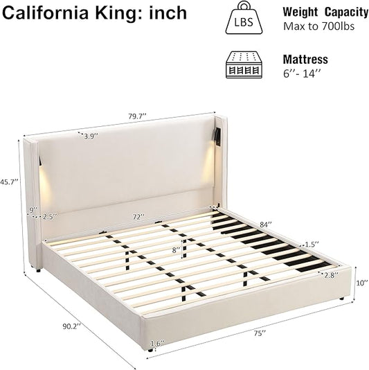 Christopher Knight Home Hazel 45.70"H California King Bed Frames, Linen Upholstered Cal King Bed Frame, Slats Panel Support, No Spring Box Needed, Wingback Headboard with Reading Lamps and USB, Beige