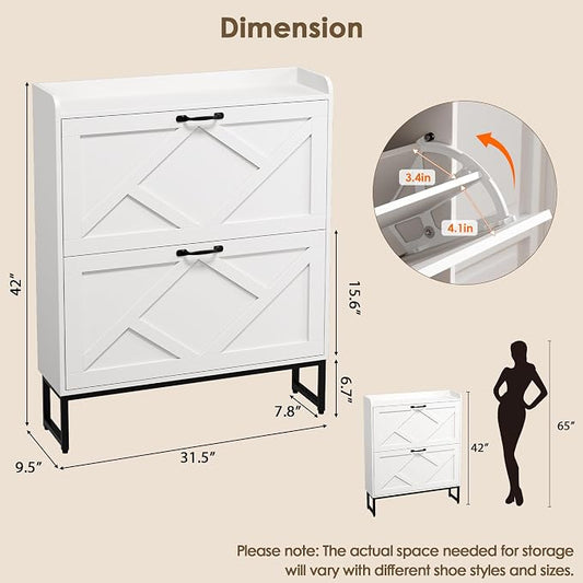 Nicetree Shoe Storage Cabinet with 2 Flip Drawers, Freestanding Shoe Organizer, Shoe Cabinet with Metal Legs, Narrow Shoe Rack Cabinet, Farmhouse Slim Shoe Cabinet for Entryway, Foyer, Hallway, White