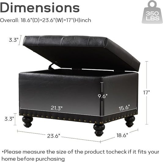 Zihanhome Leather Ottoman with Storage, Upholstered Button Tufted Ottoman Foot Rest, Foot Stools, 24" Rectangle Ottomans with Storage for Living Room, Bedroom, Dorms and Apartments (Black-PU)