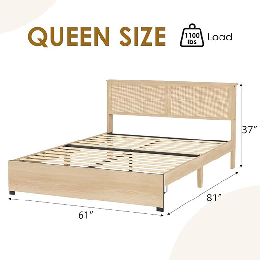 GarveeHome Queen Platform Bed Frame, Queen Size Bed Frame with Natural Rattan Headboard, Cane Bed Frame with 2 Storage Drawers and Strong Wood Slats Support, Noise Free, No Box Spring Needed
