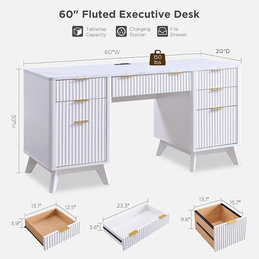 T4TREAM Fluted Executive Desk with Drawers, 60" Modern Home Office Computer Desk with Charging Station, File Cabinet, Keyboard Tray and Storage Cabinet for Study, Living Room, Bedroom, Solid White