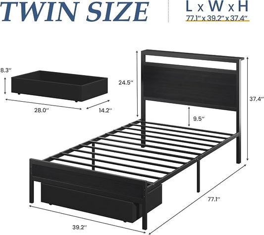 Fluest Twin Bed Frame,Twin Bed Frame with Storage Headboard & Storage Drawer, Charging Station & LED Light, No Box Spring Needed, Noise Free, Easy Assembly, Classic Black