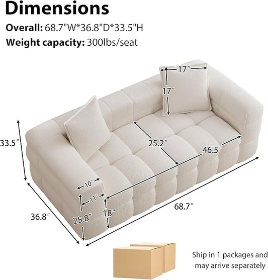 68.7" Loveseat Boneless Couch,Comfy Cloud Sectional Sofa with Deep Seat,Modern Upholstered Chenille Love Seat Sofa, Small Couches for Living Room, No Assembly Required Tufted Sofas, Beige White