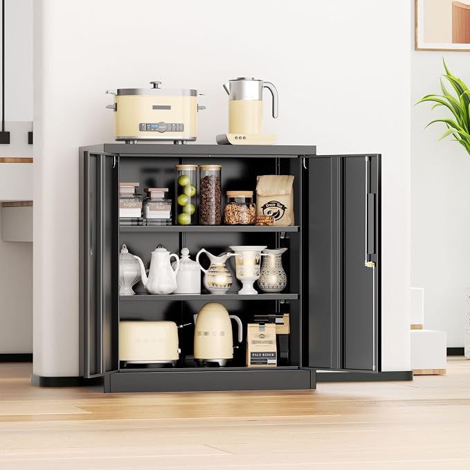 INTERGREAT Metal Storage Cabinet with Locking Doors, Lockable Steel Storage Cabinets with 2 Doors and Shelves, Black Metal Cabinets with Lock, Small Steel Cabinet for Office, Garage, Home, Shop