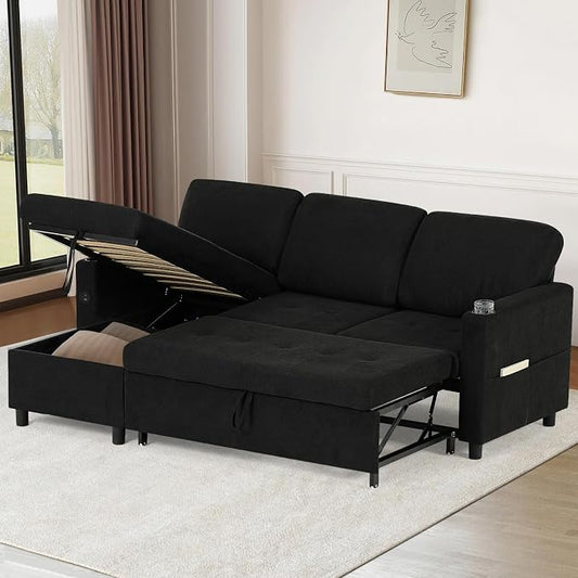 84" Fabric Sleeper Sofa Bed w/Adjustable Backrests, L-Shaped Sectional Sofa Bed w/USB Port & Thickened Cushions, Convertible Pull Out Couch Bed w/Storage Bags for Living Room, Black