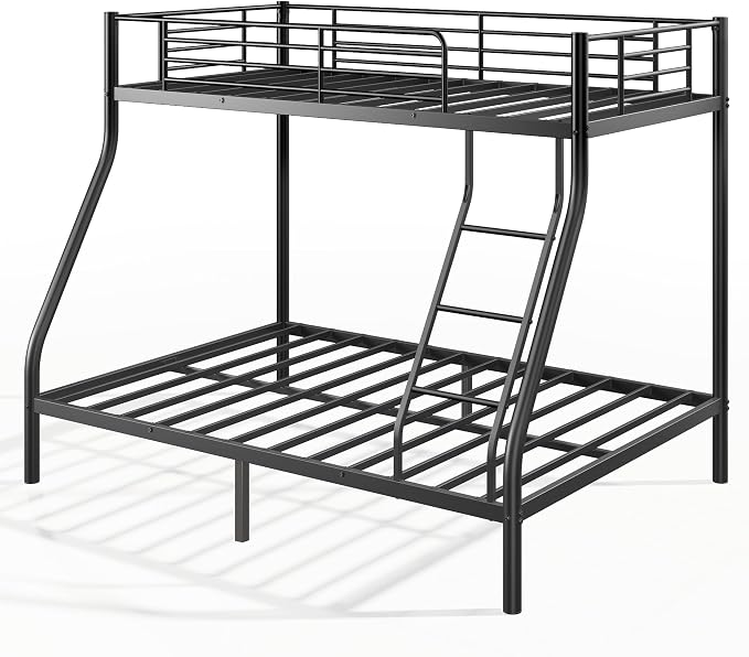 EMKK Twin Over Full Bunk Bed for Adults, Metal Bunk Beds Twin Over Full Size for Teens Dorm Bedroom Guest Room,Heavy Duty Bunk Beds with Ladder and Safety Full Length Guardrail (Black H)