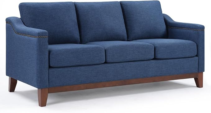 HAOMARKETS Classic 3-Seater Sofa with Nailhead Trim, High-Density Foam Cushions & Sturdy Solid Wood Legs, Soft Fabric Couch for Living Room, Blue