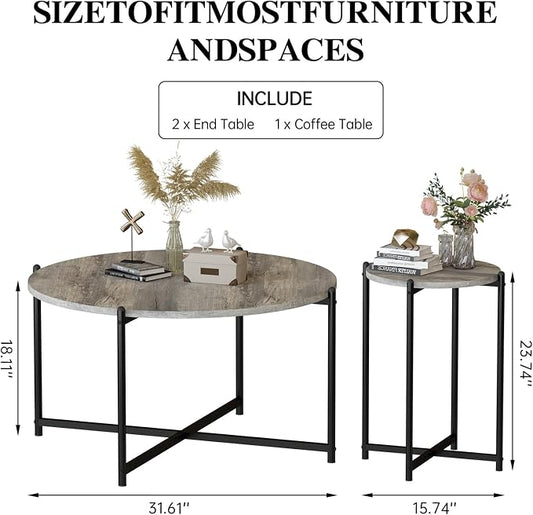 AWQM Faux Marble Coffee Table Set of 3, 1 Coffee Table & 2 Sofa Table, Round Tabletop and Metal Cross Base Frame,Perfect for Living Room Apartment, Grey