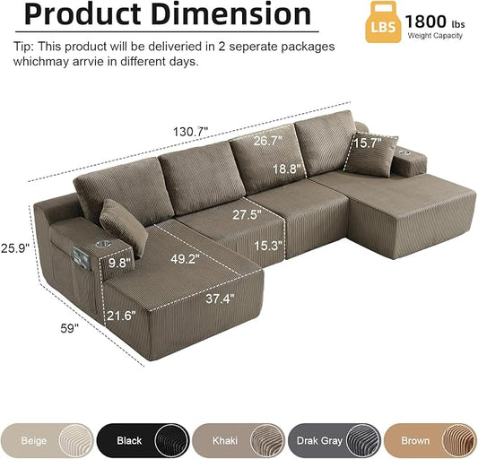 130" U-Shaped Modular Sectional Sofa with Chaise, Boneless Corduroy Flexible Module Seating for Living Room, Cloud Couch with Cup Holders and Side Pockets, No Assembly (Taupe)