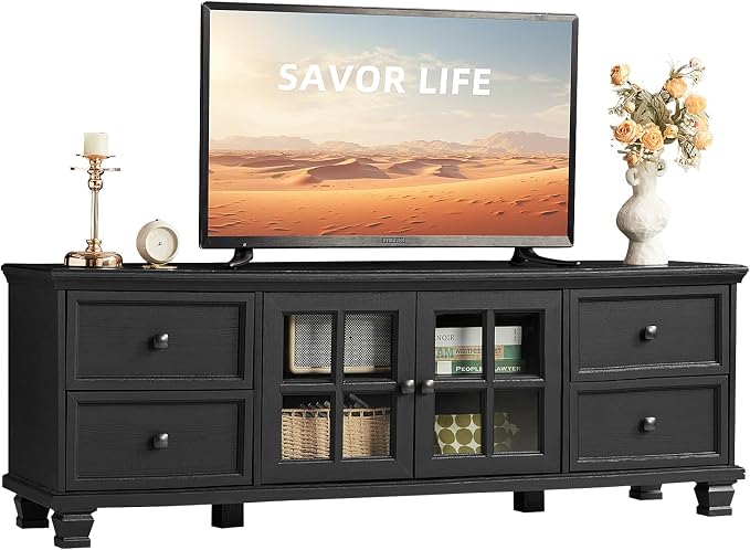 SAVOR LIFE Farmhouse TV Stand for Living Room, Rustic Black Entertainment Center with Storage Cabinet,Wood TV Console with 4 Drawers,Modern TV Stands for Bedroom,Black