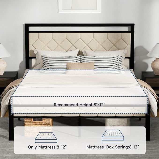 Z-hom Easy Assembly Upholstered Platform Bed Frame with Soft Padded Headboard, Modern Linen Fabric Mattress Foundation, No Box Spring Needed, Noise-Free & Sturdy Metal Support, Queen Size (Beige)