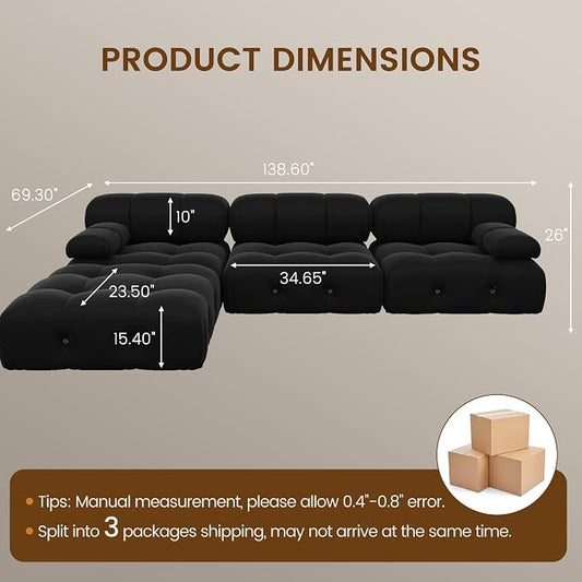 Modular Sectional L Shape Sofa Couch, Modern Velvet Black 4-Seater Sofa with Ottoman for Living Room Office Apartment (104in/Black)