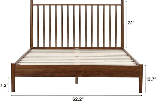 NTC Inno Wooden Bed Frame with Headboard, Solid Oak and Rubber Wood Foundation with Silent Slats and Wood Central Supports, 1000 Lb Capacity, Effortless Assembly, Queen - Dark Walnut