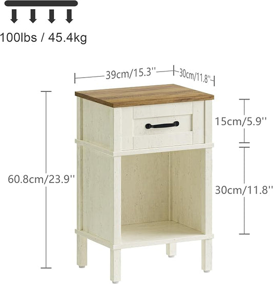 White Farmhouse Nightstand with Drawer, Small Wooden Bedside Table, White End Table, Bedroom Side Table with Storage, Rustic Wood Night Stand LET512WR