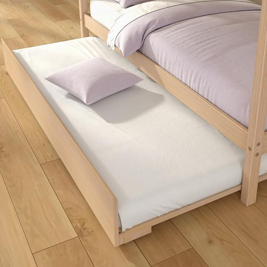 Grain & Grove Bear Twin Over Twin Bunk Bed with Trundle Bed, Sturdy Bunk Bed Frame for Kids, Plywood Bunk with Ladder, Guardrail, and Slats, No Box Spring Required, Oak Embossed Natural