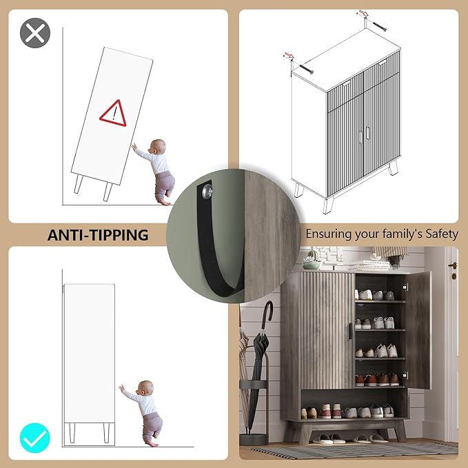 Shoe Cabinet Storage for Entryway with Doors, 5 Tier Fluted Shoe Organizer with Adjustable Shelves, Entryway Shoe Storage with Wooden Legs, Freestanding Hidden Shoe Rack for Front Door Entrance, Grey
