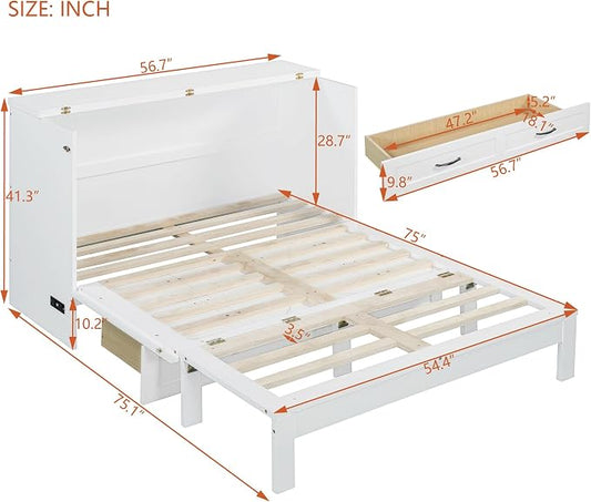 Ball & Cast Full Size Murphy Bed Hideaway Wall Chest with Large Drawers,can be Folded,Storage Space-Saving Furniture Hideaway Platform Bedframe W/USB Charging Port,for Bedroom,Gray