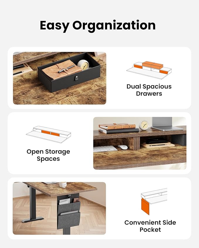ErGear L Shaped Electric Standing Desk, 63" Ergonomic Corner Height Adjustable Desk with Drawers, Sit Stand Computer Table with Storage for Work Office Home, Vintage Brown