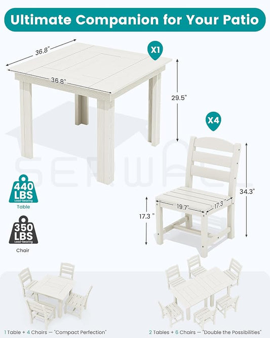 SERWALL Outdoor Dining Set for 4, HDPE Square Table and Chairs Set All Weather Patio Dining Set with 4 Armless Chairs for Patio, White