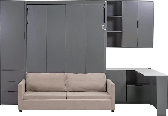 Merax Farmhouse Multi-Functional Murphy Bed with Sofa, Desk & Storage Cabinet,Solid Wood Foldable Wall Bed with/w/USB Charging Station Space Saving/No Box Spring Needed/Queen, Gray +Beige