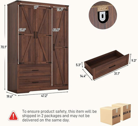 Hlivelood 3 Doors Wardrobe Armoire Closet with Doors and Drawers, Farmhouse Wooden Armoire Storage Cabinet with Shelves & Hanging Rod for Bedroom, Brown