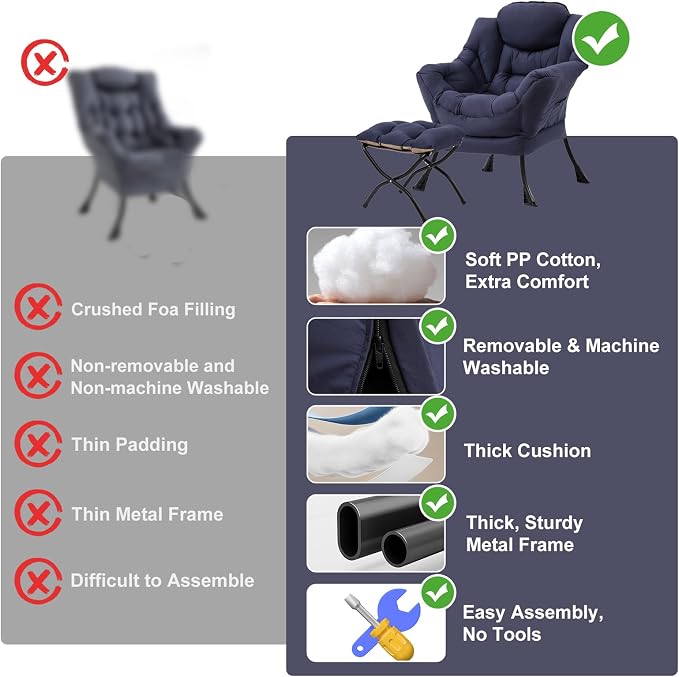 Furlide Lazy Chair with Ottoman, Modern Accent Chairs with Folding Footrest, Navy Blue Sofa Chair Set, Comfortable Reading Chairs, Oversized Armchairs for Bedroom, Study, Living Room, Courtyard