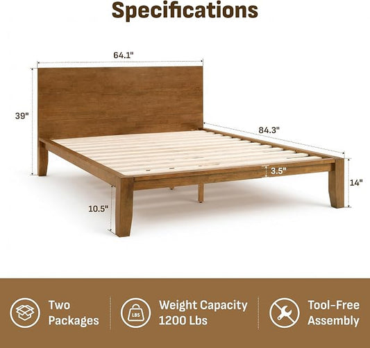 Softa Mikor Queen Japanese Joinery Bed Frame with Headboard, Solid Rubberwood Platform Bed, 1500 Lbs Heavy Duty, SGS Certified, No-Tool Setup, Storage Shelf, USB-A/C Port, No Box Spring Needed