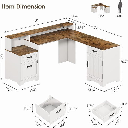 Whalefall 63'' Farmhouse L Shaped Desk with Monitor Stand Shelves, White | Corner Computer Desk with Drawers, Executive Home Office L Desk with File Cabinet Storage and Charging Station
