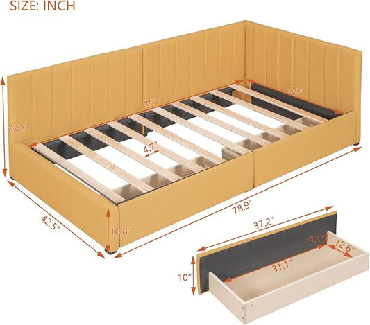 Merax Upholstered Daybed with 2 Storage Drawers, Twin Size Sofa Bed Frame, No Box Spring Needed, Linen Fabric, Yellow