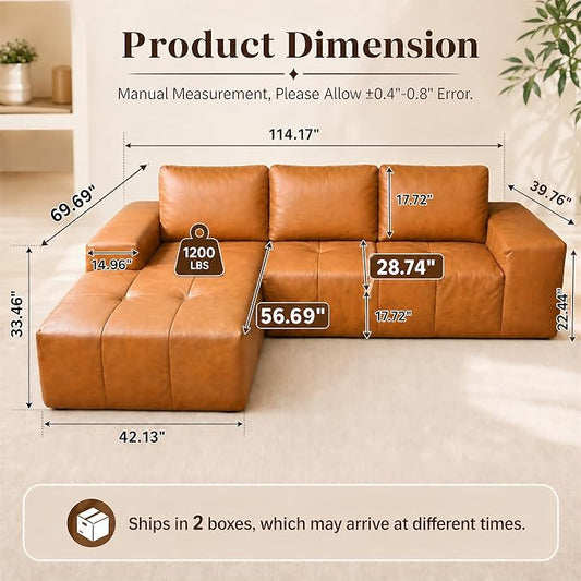 114” Boneless Sectional Couches for Living Room, Brown Cloud Faux Leather Couch in a Box, Modular Sectional Sofas for Living Room, L Shaped Couch with Chaise, Memory Foam Deep Seat, Left Chaise
