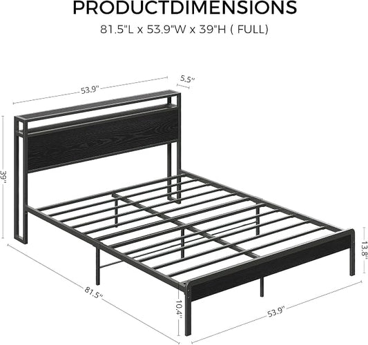 LIKIMIO Full Bed Frame with Headboard, Dark Wood Camas Full with Strong Supports, Sturdy, Noise-Free, No Box Spring Needed, Black
