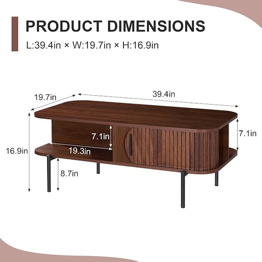 VECELO Coffee Table,40" Mid Century Coffee Tables with Open Storage Shelf,Fluted Table with Sliding Tambour Door,Farmhouse Wooden Tables Center Table for Living Room,Home Office,Walnut Brown