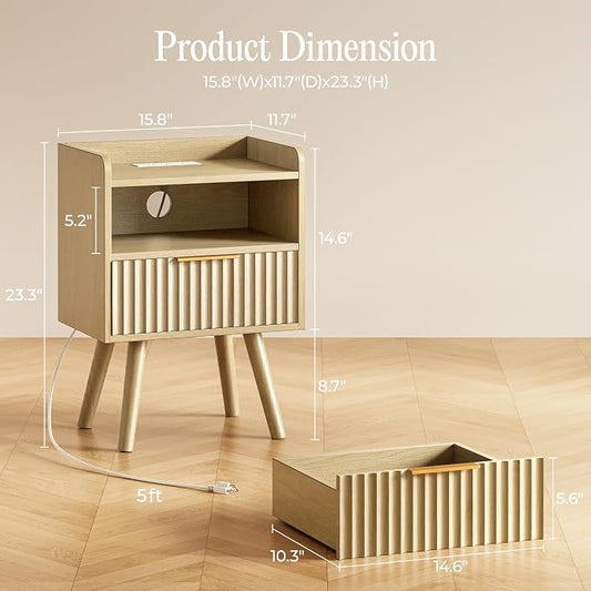 Huuger Nightstand with Charging Station, USB-C Port, Fluted Night Stand Set of 2, Bed Side Table with Drawer, Solid Wood Feet, Open Storage, End Table with Raised Edge, for Bedroom, Natural
