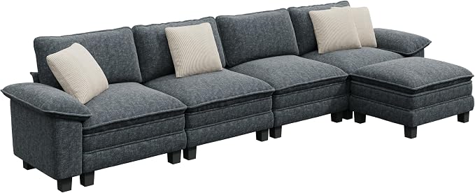 PHI VILLA Cloud Modular Couch Sets, 157.5" Oversized Sectional Sofa with L-Shaped Chaise, 5-Seater Upholstered Couches with Movable Ottoman for Living Room, Chenille Dark Cyan