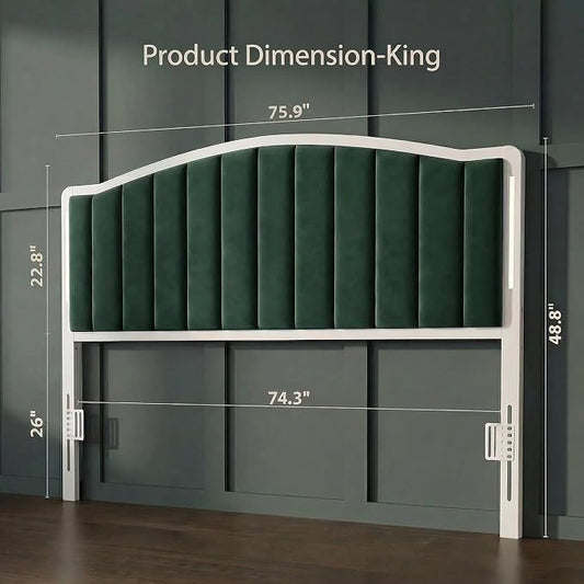 Headboard for King Size Bed with LED Lights, Upholstered Vertical Channel Tufting Head Boards, Velvet Headboard Only, Study & Comfortable, Ideal for Bedroom, Dorm, Guest Room, Green