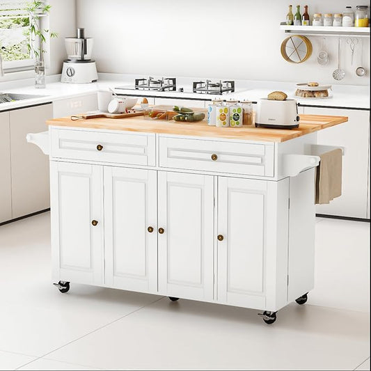 59 Kitchen Island Cart with Drop Leaf Breakfast Bar, Rolling Mobile Kitchen Island Table on Wheels with Storage Cabinet, Drawer, Spice/Towel Rack, White