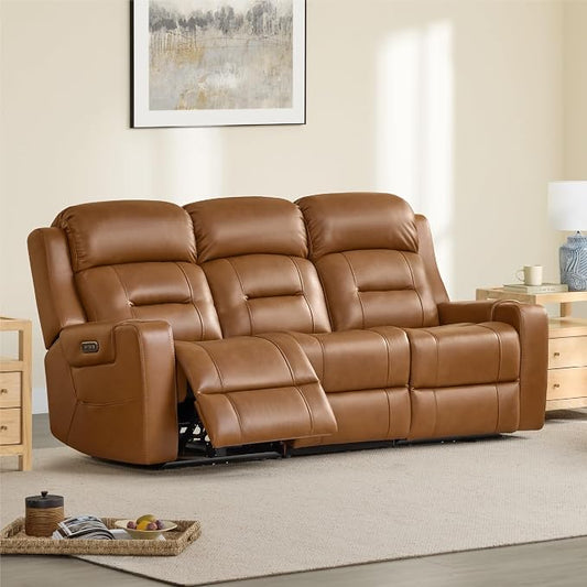 Watson & Whitely Genuine Leather Power Loveseat and Recliner Sofa Set, Lay Flat Reclining Couch with Console, Power Headrest, USB & Wireless Charging, Cup Holders for Living Room, Saddle Brown