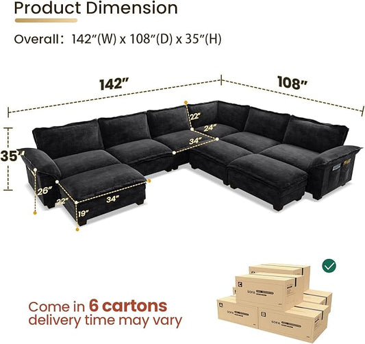 KKL Large J-Shaped Modular Sectional Sofa, 9 Seater Cloud Couch with Ottoman, Chenille Sectional Couches for Living Room, Apartment, Black
