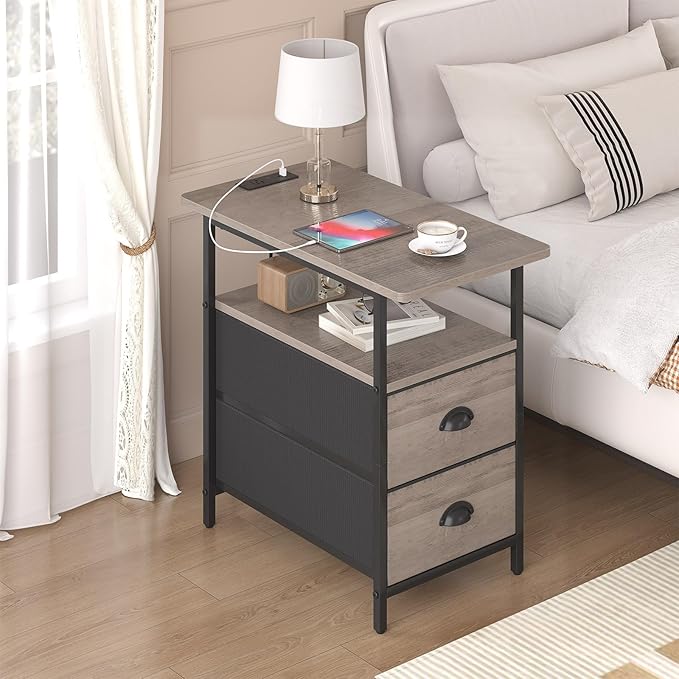 sthmec End Table with Charging Station, Narrow Side Table with 2 Drawers, Nightstands with Drawers, USB Ports & Power Oulets,Slim Sofa Side Tables for Small Spaces,Living Room,Bedroom, Grey