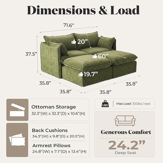 Cloud Modular Loveseat Lounge, Oversized Deep Seat, Luxe Chenille | Fully Removable Washable Covers, Memory Foam Seat Cushions, Storage Ottoman, Premium Fabric